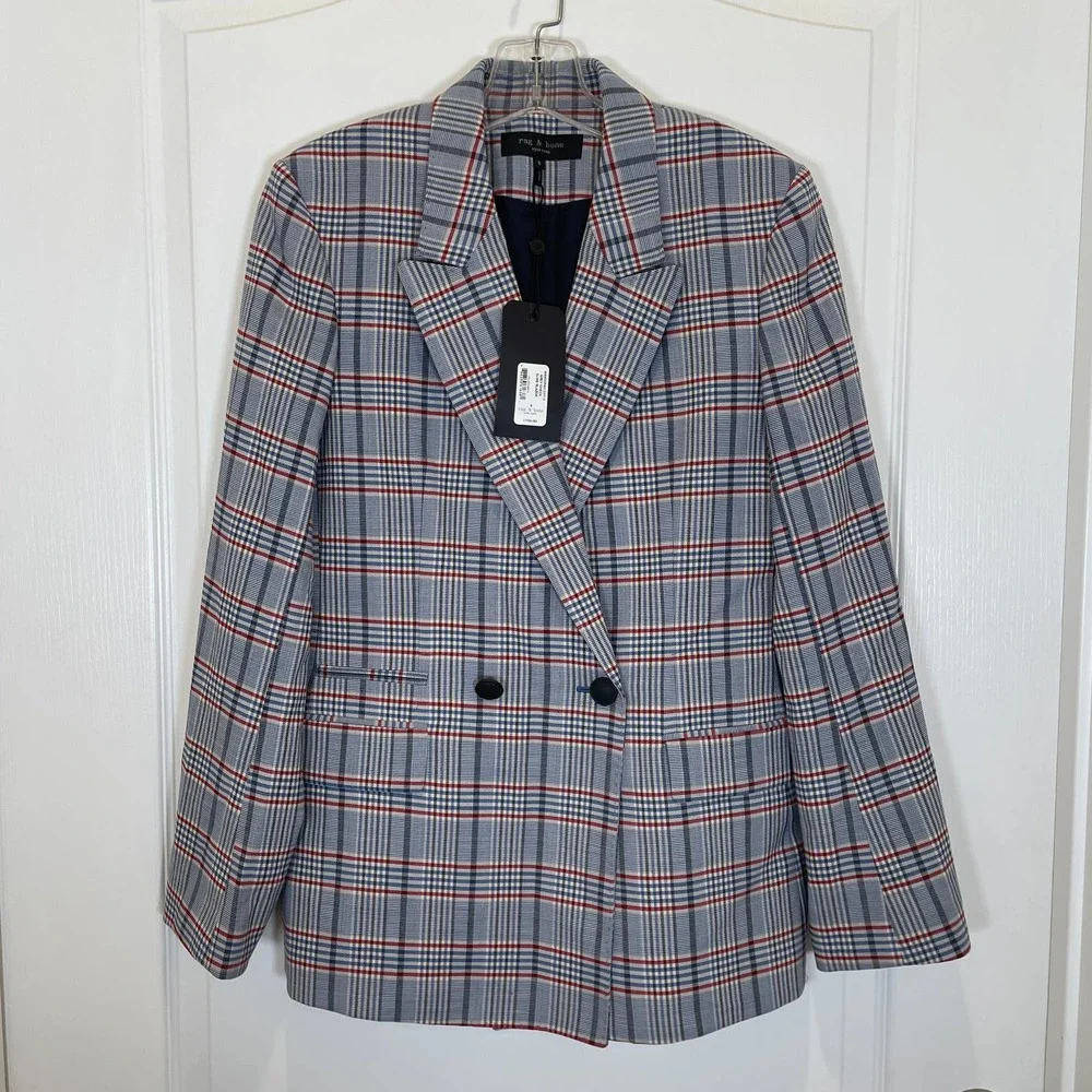 Rag & Bone Elise Wool Check Blazer Jacket Gray Blue Red White Plaid NWT 8 - Picture 2 of 8